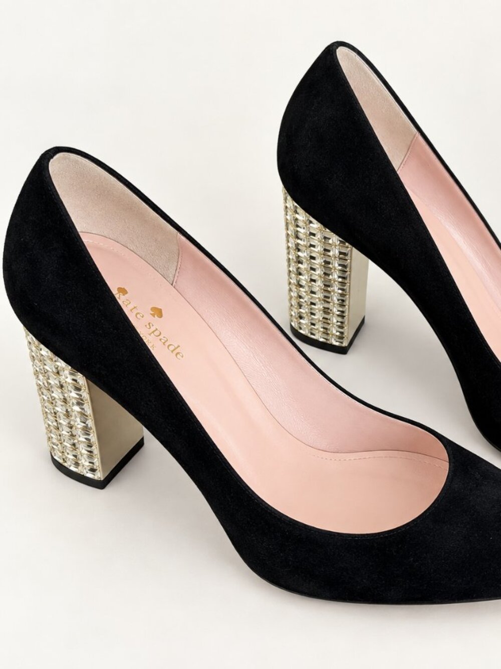 Kate Spade Black Suede Crystal Block Heel Pumps Size 8